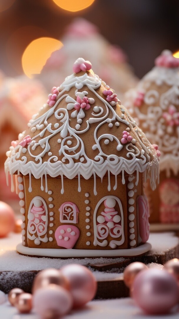 Lukrowany domek z piernika obok bombek