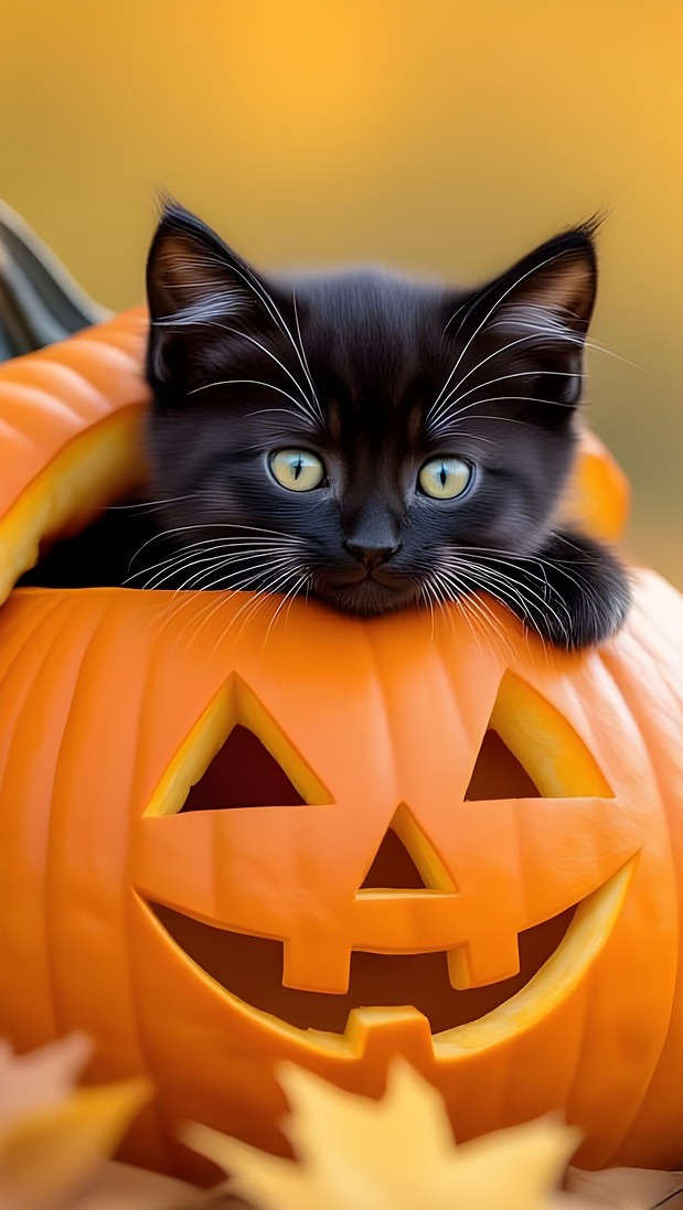 Mały czarny kotek w dyni na Halloween