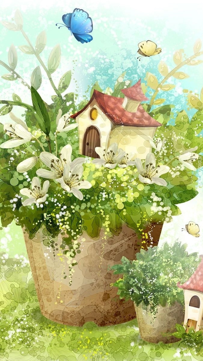 Mały domek w donicy z kwiatami