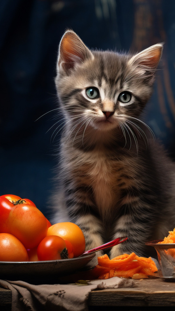 Mały kotek obok pomidorów