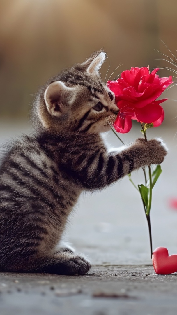 Mały kotek z czerwoną różą