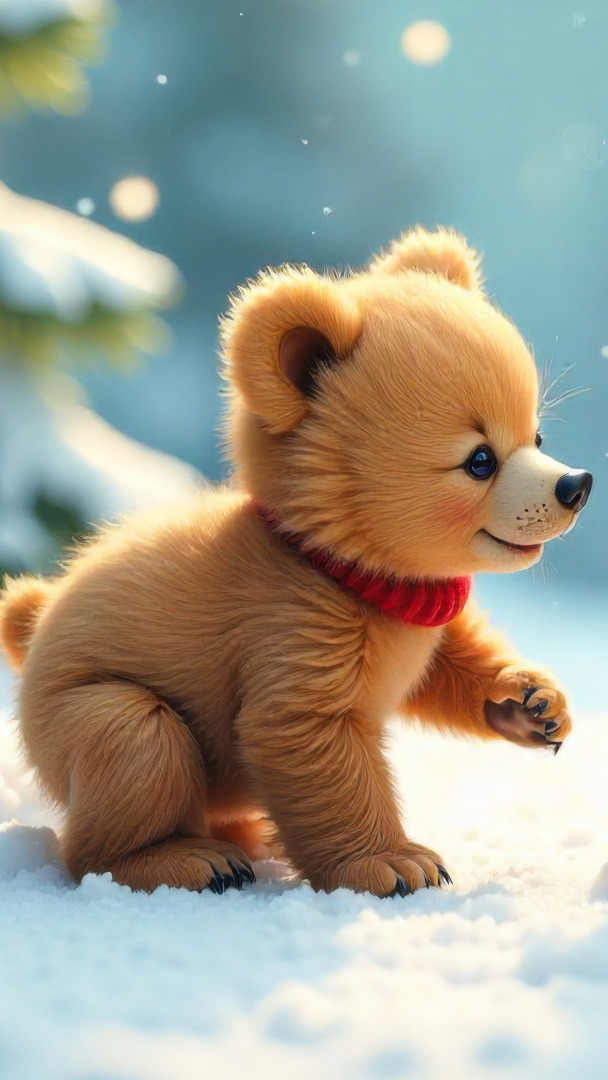 Mały niedźwiadek na śniegu