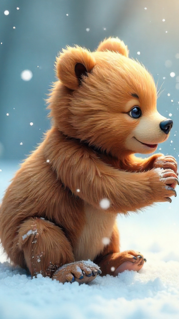 Mały niedźwiadek siedzący na śniegu