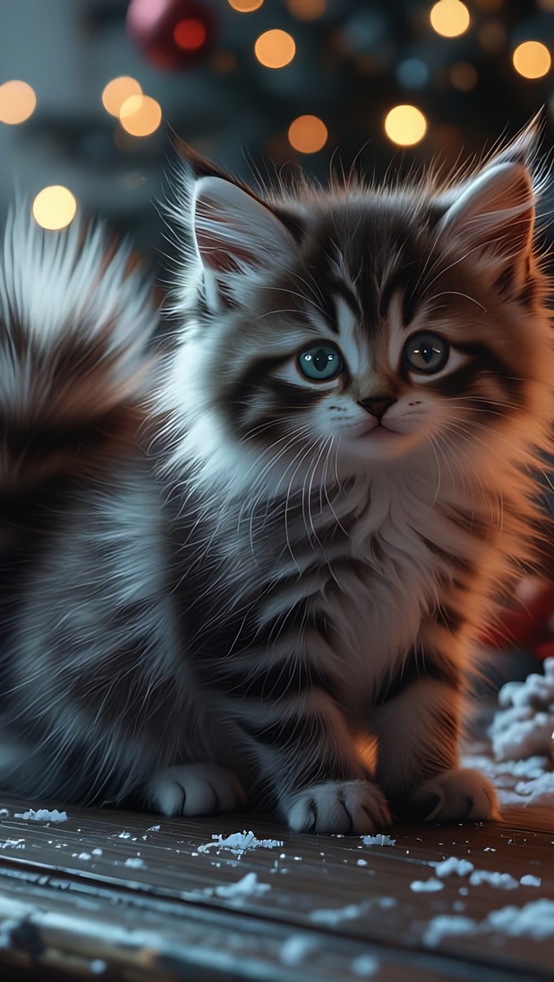 Mały puszysty kotek na ośnieżonej desce