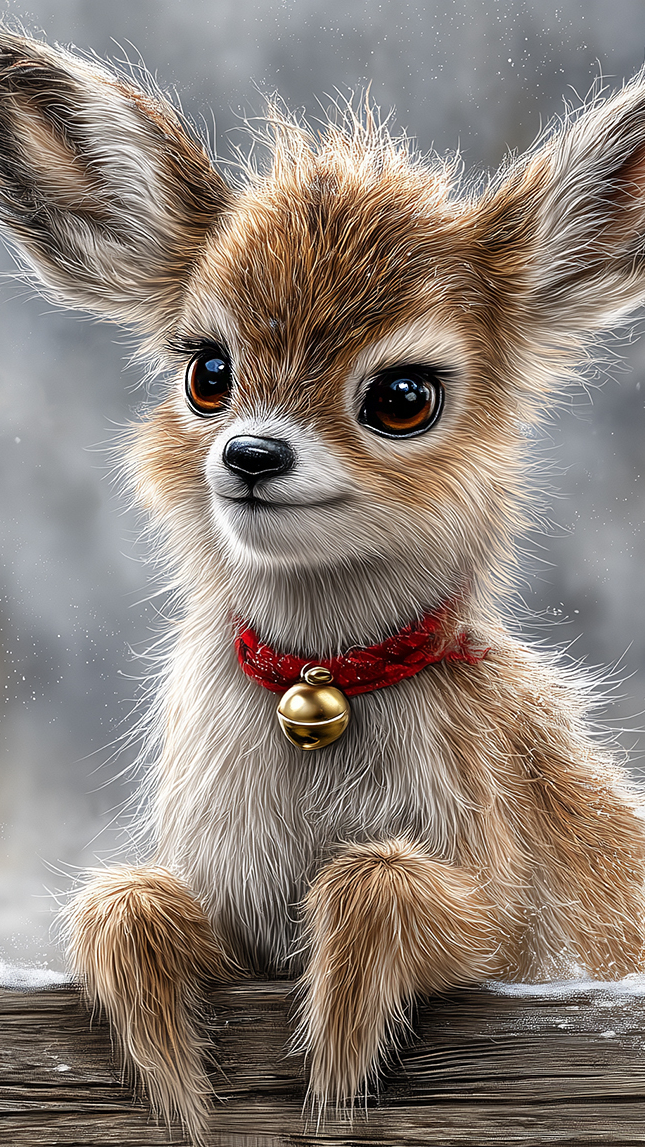 Mały renifer z dzwoneczkiem oparty o ośnieżoną deskę