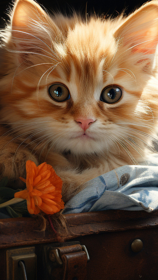 Mały rudawy kotek i kwiatek