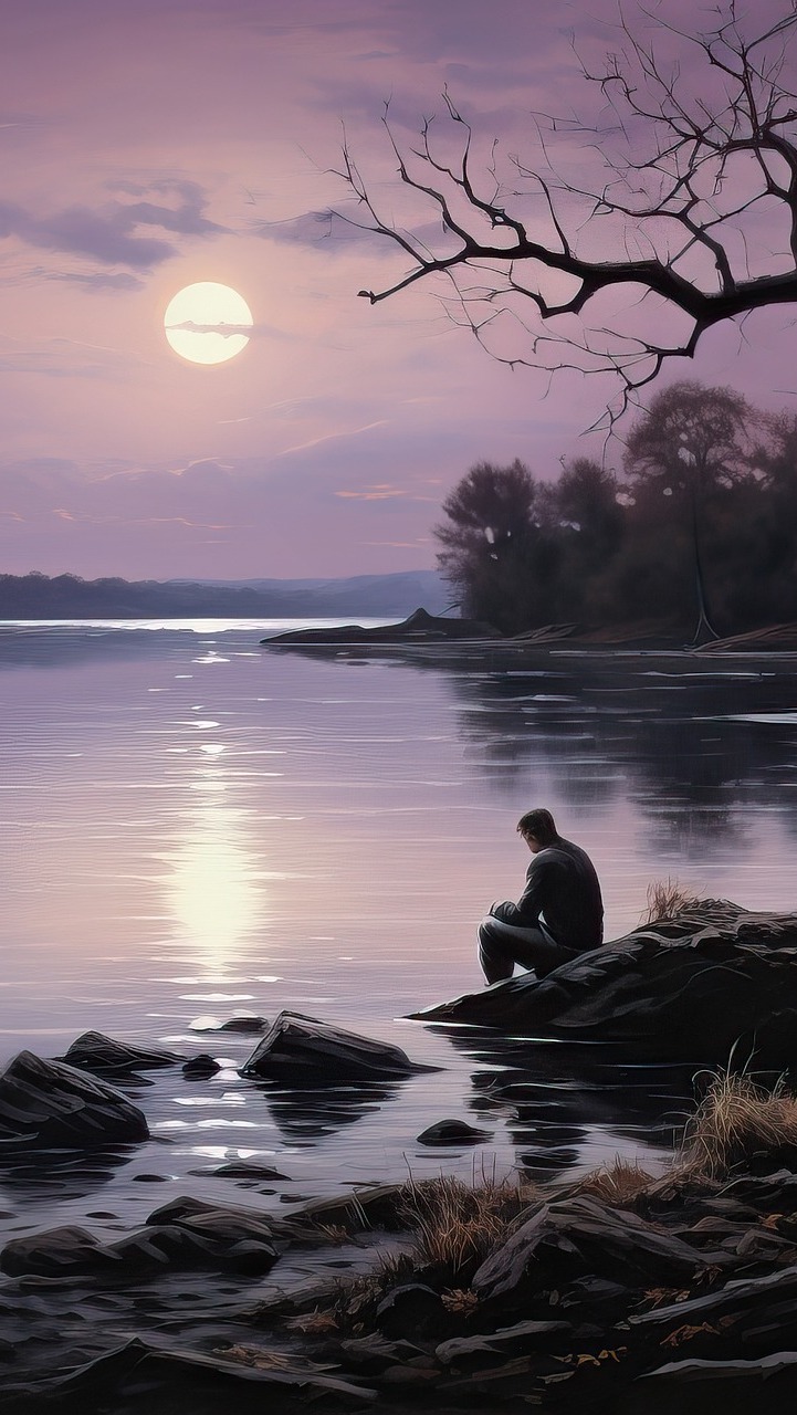 Mężczyzna siedzący nad jeziorem