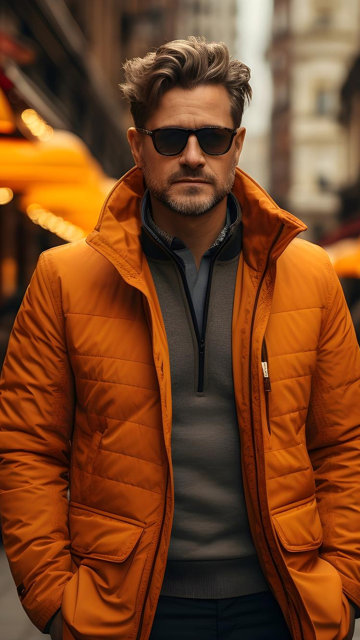 Mężczyzna w pomarańczowej kurtce i okularach