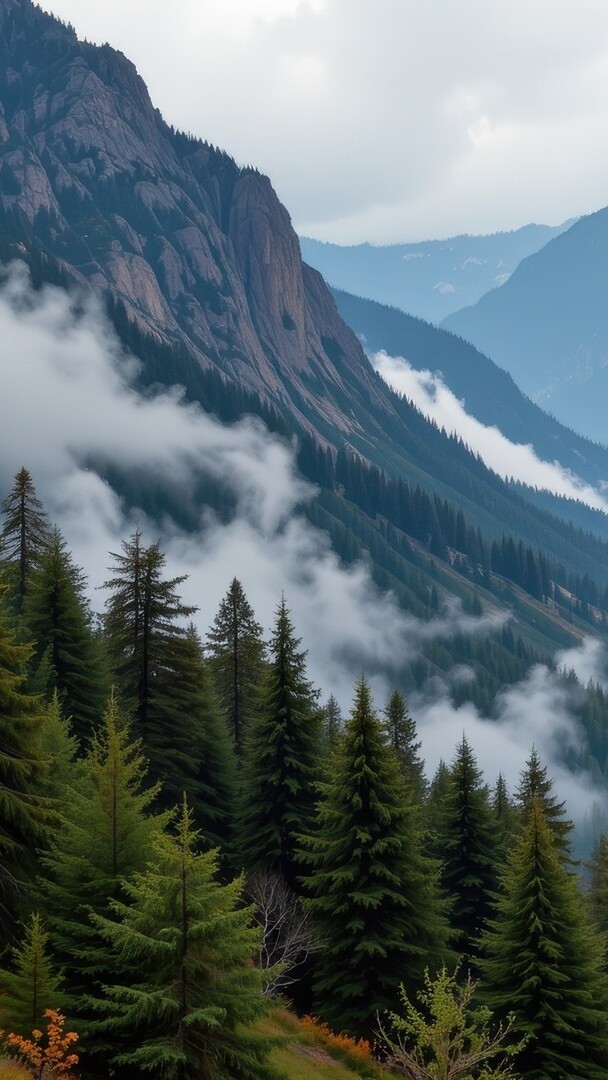 Mgła nad zalesionymi górami