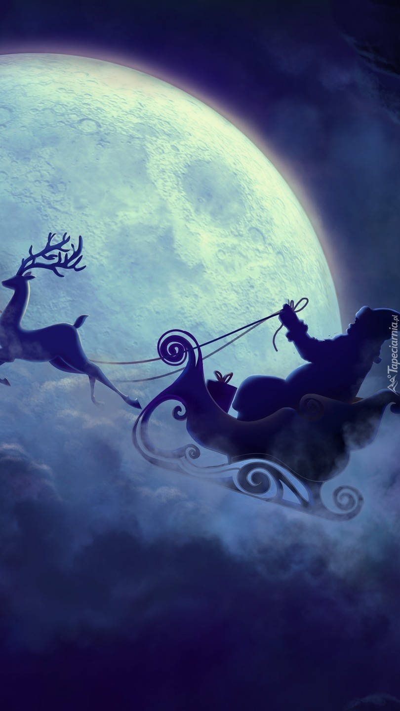 Mikołaj w saniach na tle księżyca