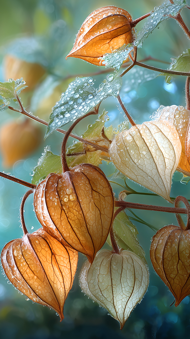 Mokra miechunka rozdęta i liście