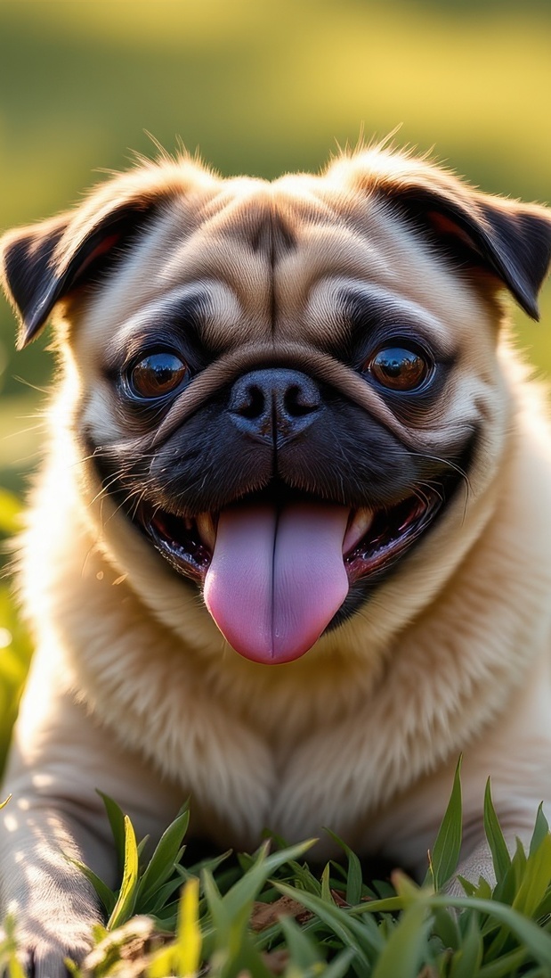 Mops leżący na trawie