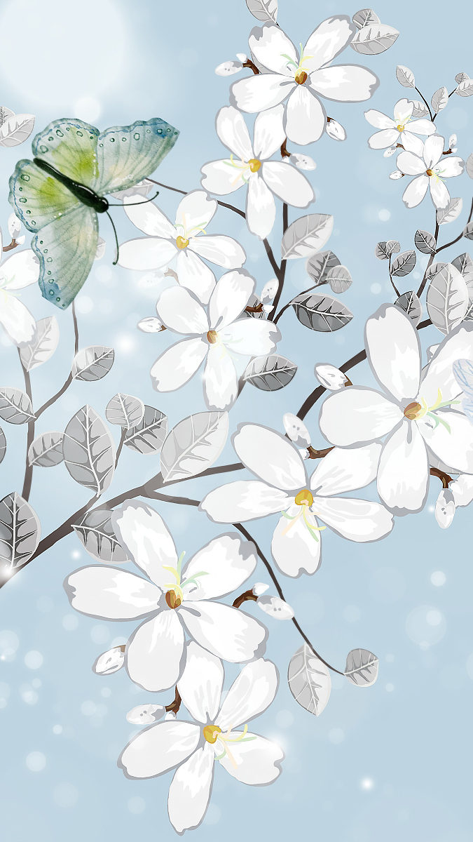 Motyl na gałązce z białymi kwiatami
