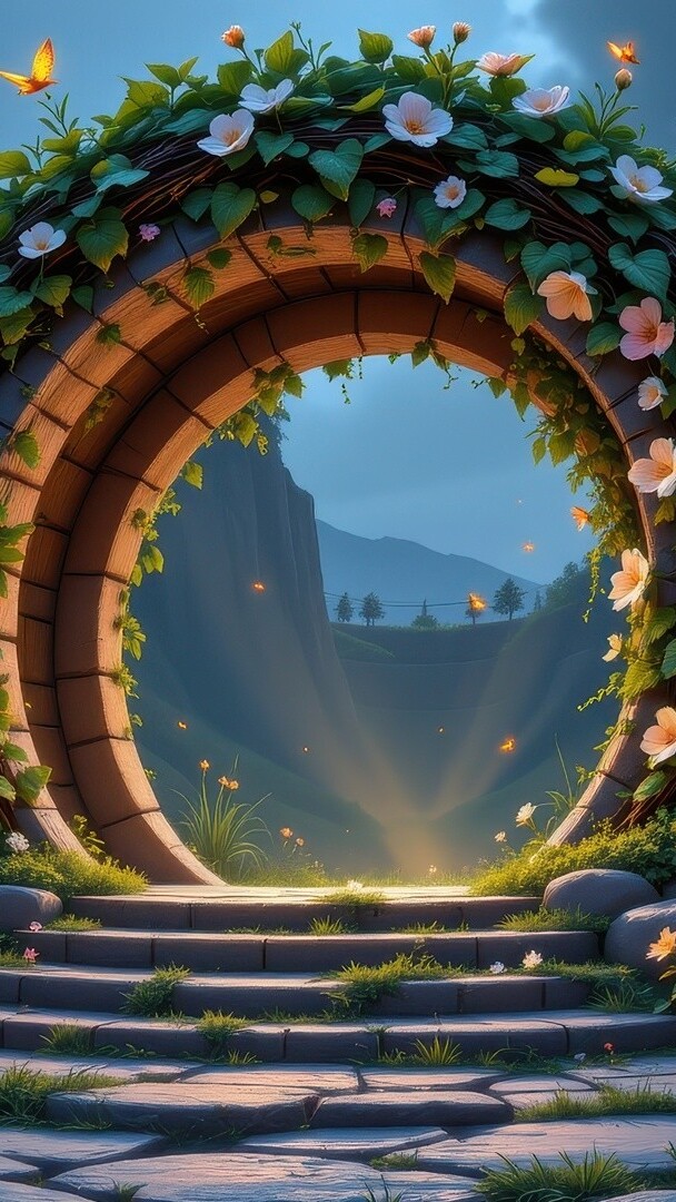 Murowane koło udekorowane pnącymi różowymi kwiatami