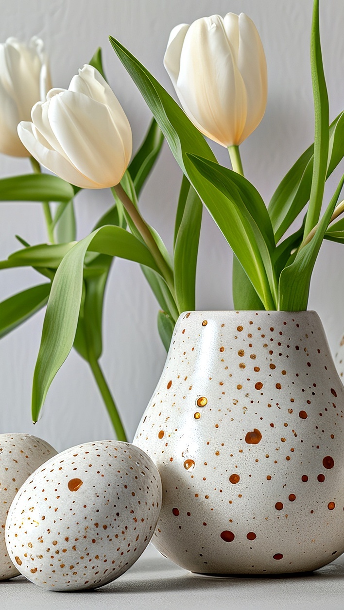 Nakrapiane porcelanowe pisanki i wazon z białymi tulipanami