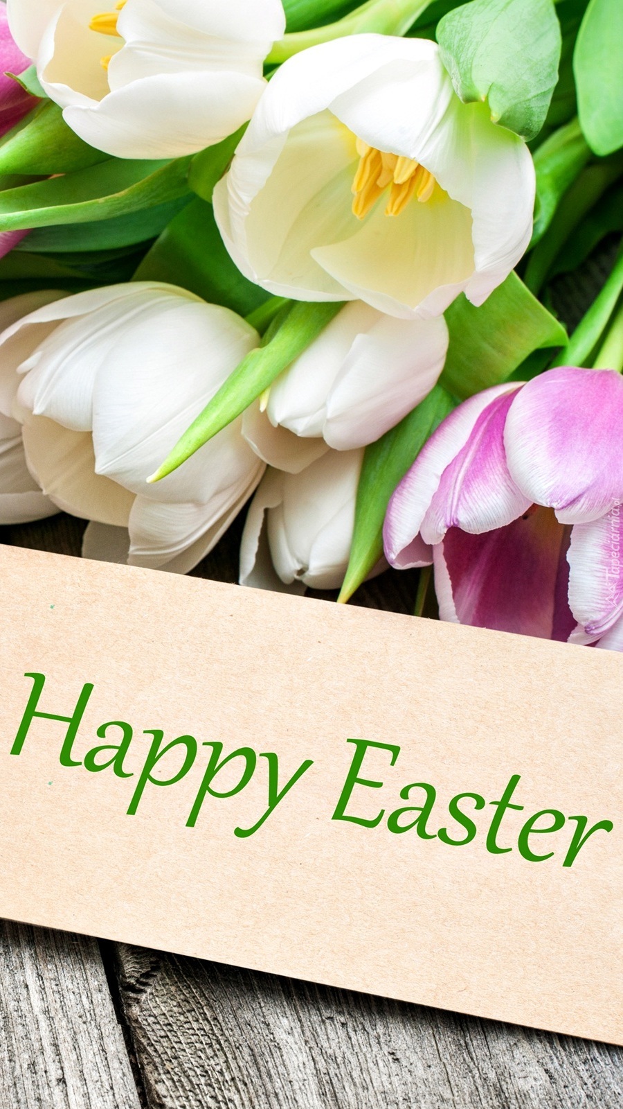 Napis Happy Easter i kolorowe tulipany