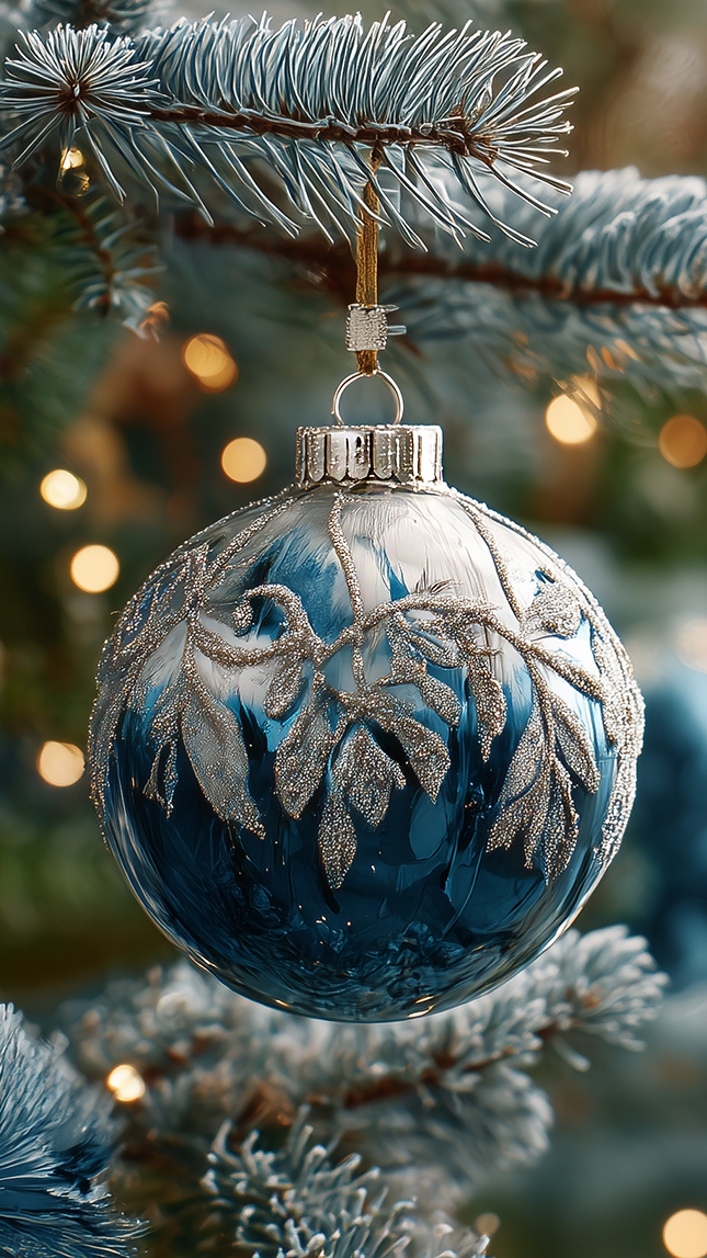 Niebieska dekoracyjna bombka na gałązce świerkowej