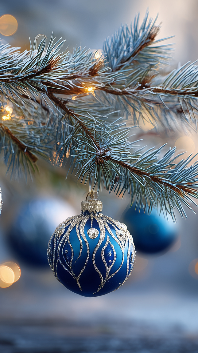 Niebieskie bombki na sosnowej gałązce