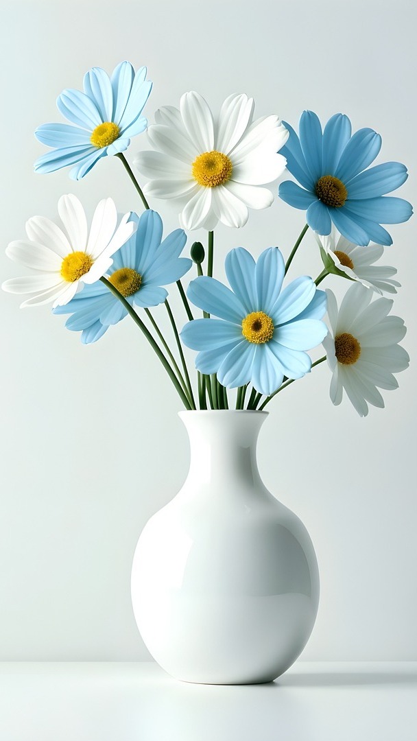 Niebieskie i białe kwiaty w białym wazonie