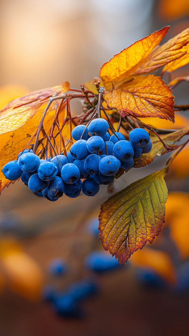 Niebieskie jagody i pożółkłe jesienne liście na gałązce