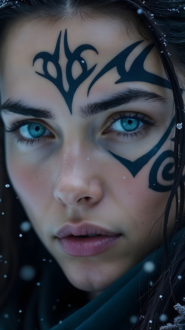 Niebieskooka brunetka z tatuażem na twarzy