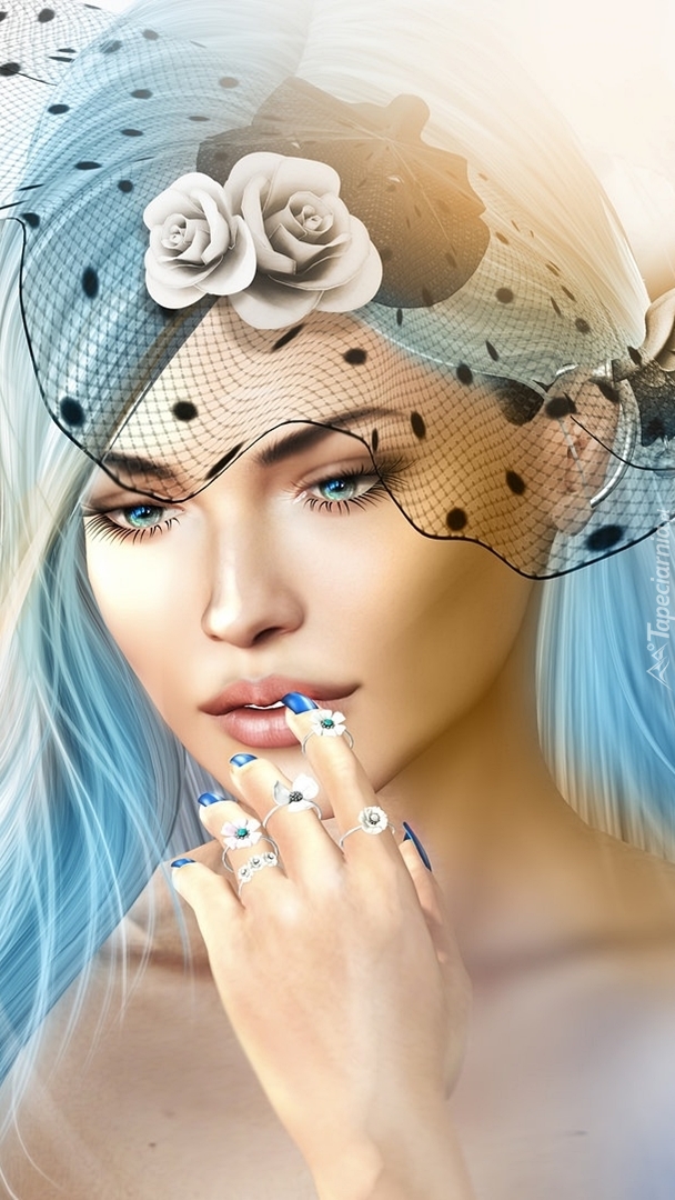 Niebieskowłosa kobieta z woalką w grafice 2D