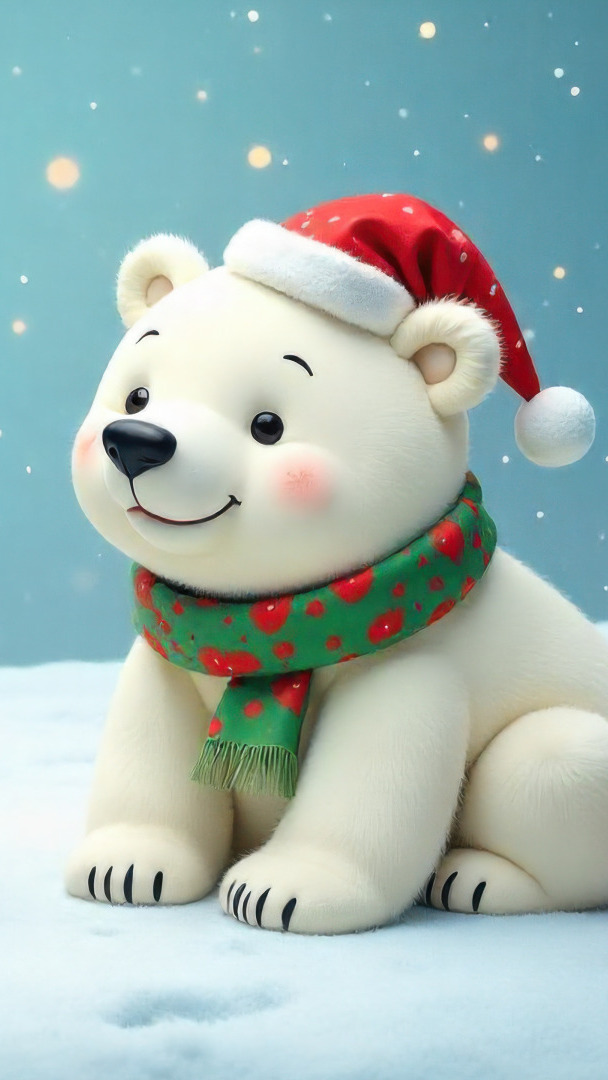 Niedźwiadek w czerwonej czapce i zielonym szaliku na śniegu