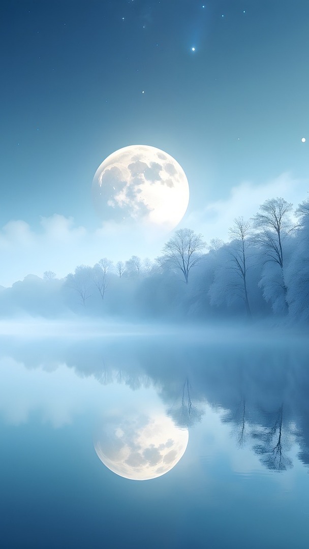 Odbicie oszronionych drzew i księżyca w zamglonym jeziorze