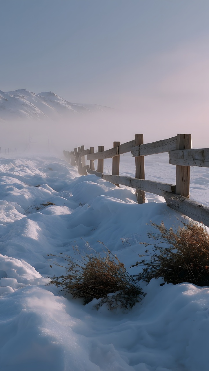 Ogrodzenie na ośnieżonym polu w porannej mgle