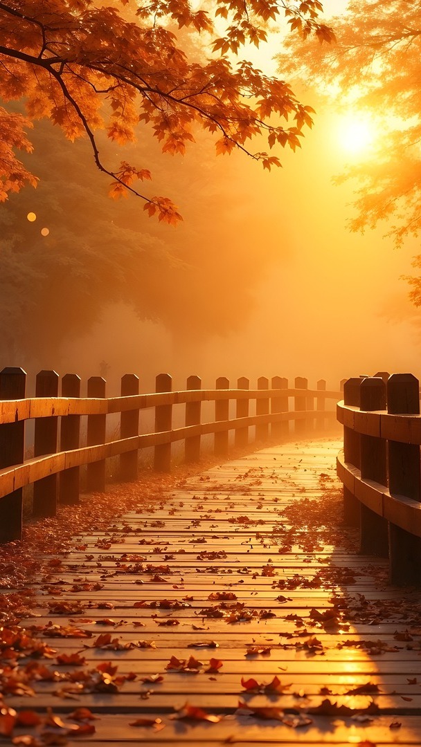 Opadłe jesienne liście na moście w słonecznym blasku
