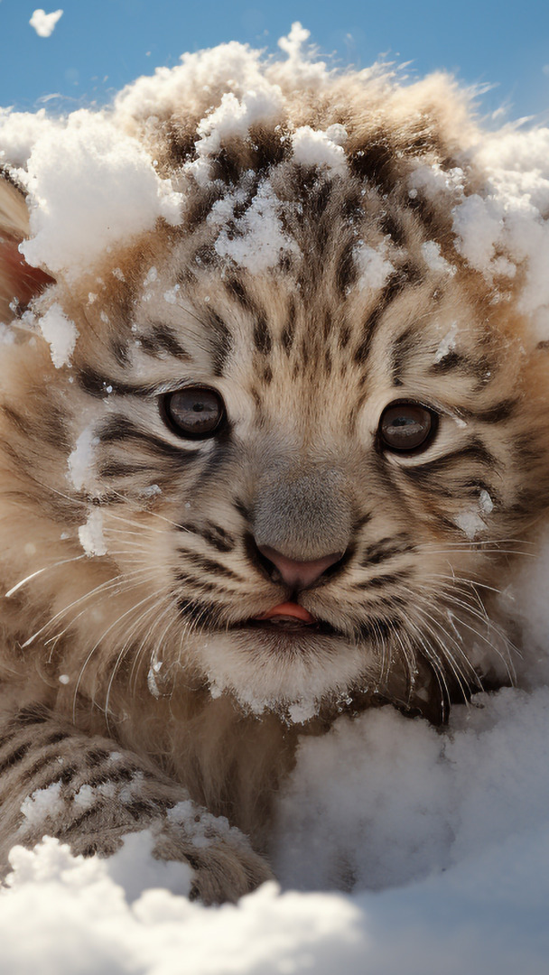 Oprószona śniegiem głowa młodego tygrysa