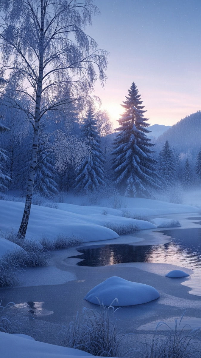 Ośnieżona brzoza i drzewa nad rzeką w zimowej scenerii