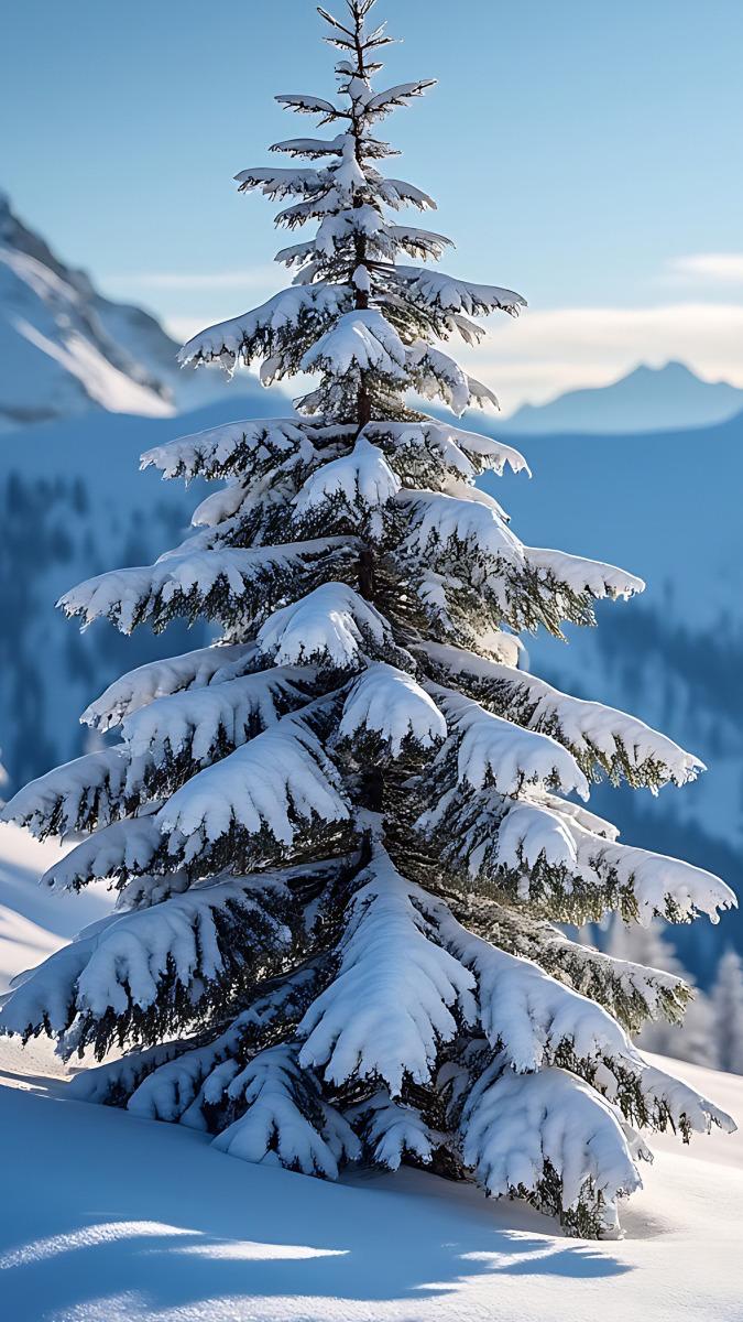 Ośnieżona choinka na zboczu na tle gór