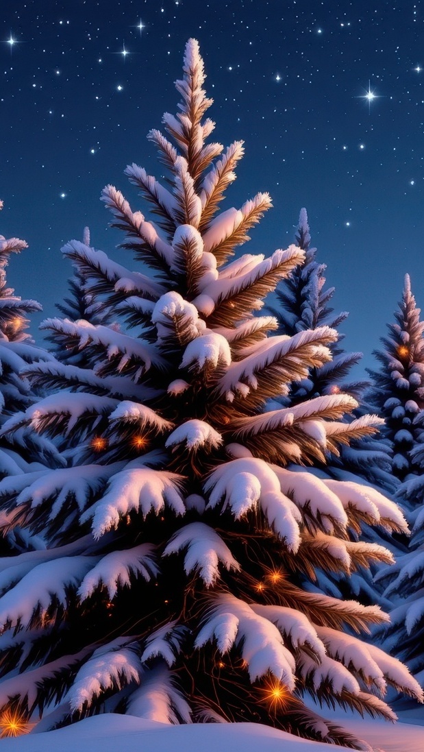 Ośnieżona choinka pod nocnym niebem