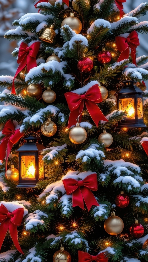 Ośnieżona choinka udekorowana czerwonymi kokardami i lampionami