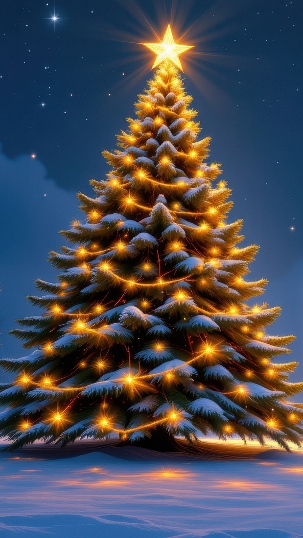 Ośnieżona i rozświetlona choinka z gwiazdą na śniegu