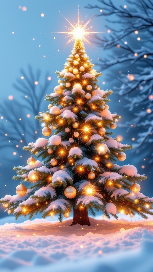 Ośnieżona i udekorowana choinka z gwiazdą w zimowej scenerii