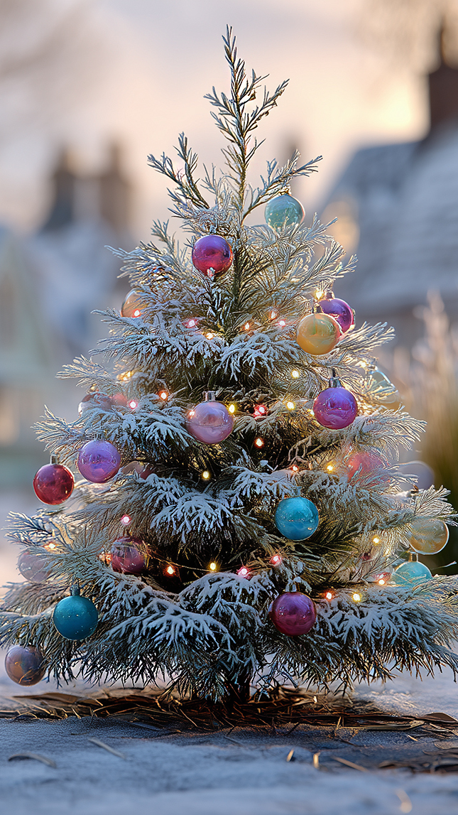 Ośnieżona mała choinka z kolorowymi bombkami