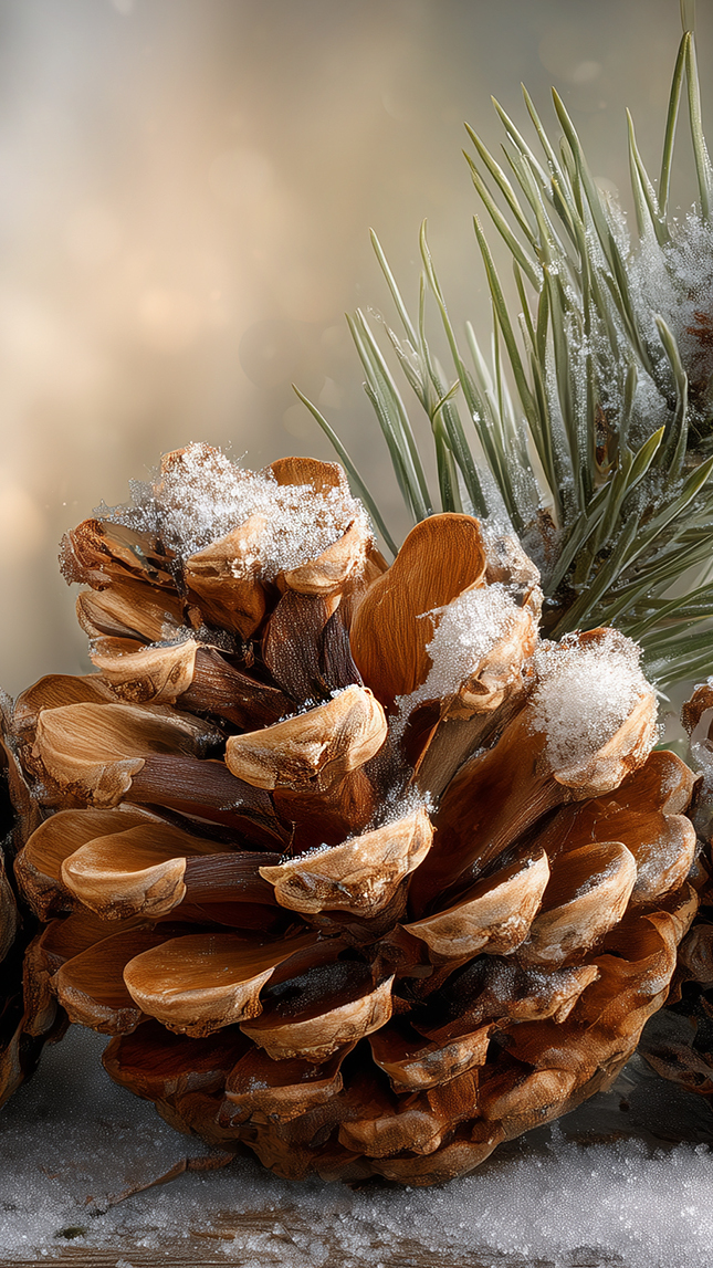 Ośnieżona szyszka i sosnowa gałązka