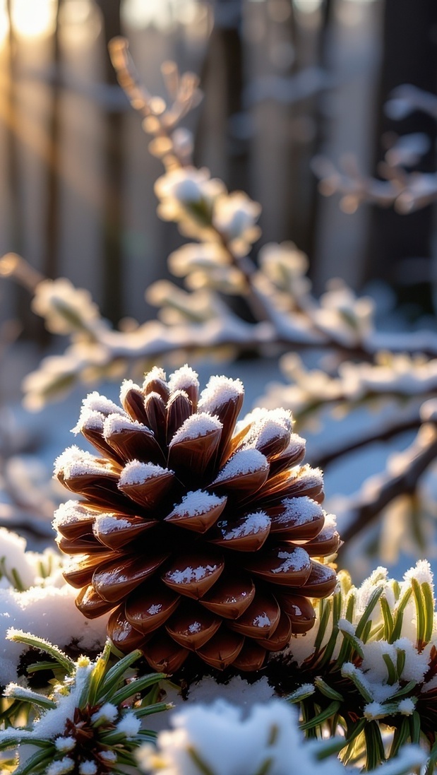 Ośnieżona szyszka na sosnowej gałązce