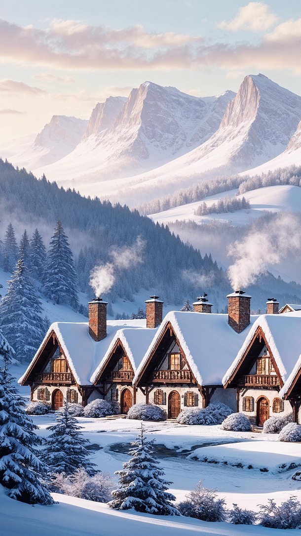 Ośnieżone domy i drzewa u podnóża gór