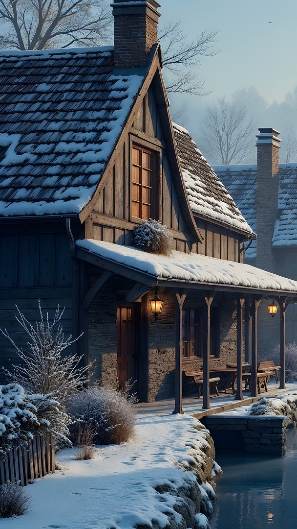 Ośnieżone domy nad kanałem