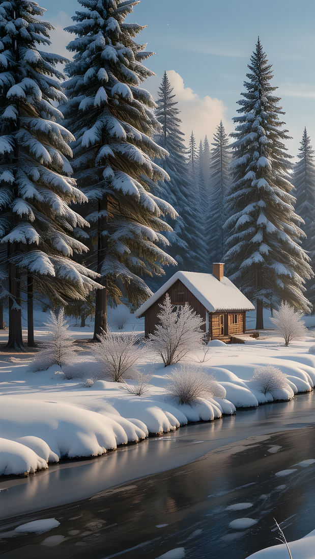 Ośnieżone drzewa i dom nad rzeką w zimowej scenerii