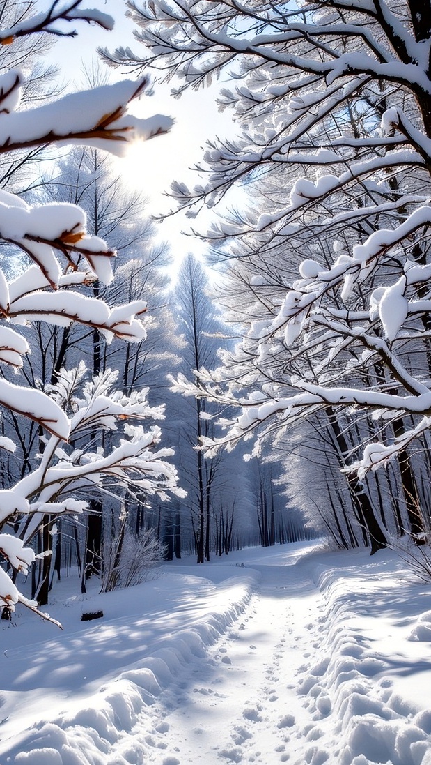 Ośnieżone drzewa i gałęzie przy zaśnieżonej drodze w zimowym lesie