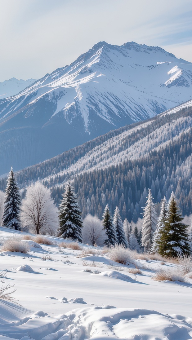 Ośnieżone drzewa i góry w oddali