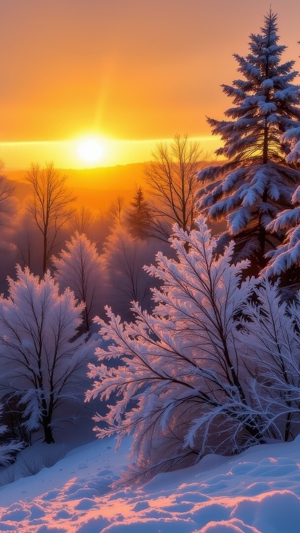 Ośnieżone drzewa i krzewy na tle zachodu słońca