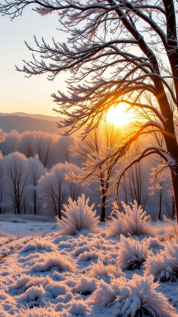 Ośnieżone drzewa i krzewy w blasku wschodzącego słońca
