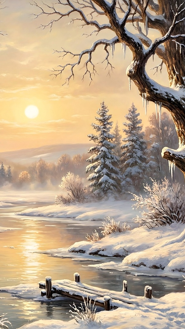 Ośnieżone drzewa i pomost nad rzeką w blasku słońca w zimowej scenerii