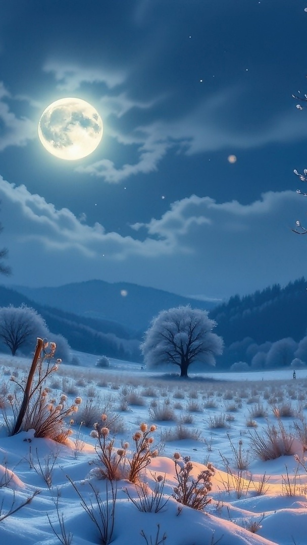 Ośnieżone drzewa i rośliny na polu w blasku księżyca