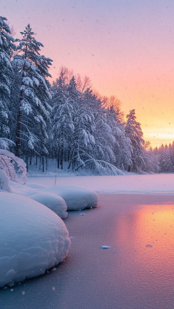 Ośnieżone drzewa nad zamarzniętą rzeką o wschodzie słońca